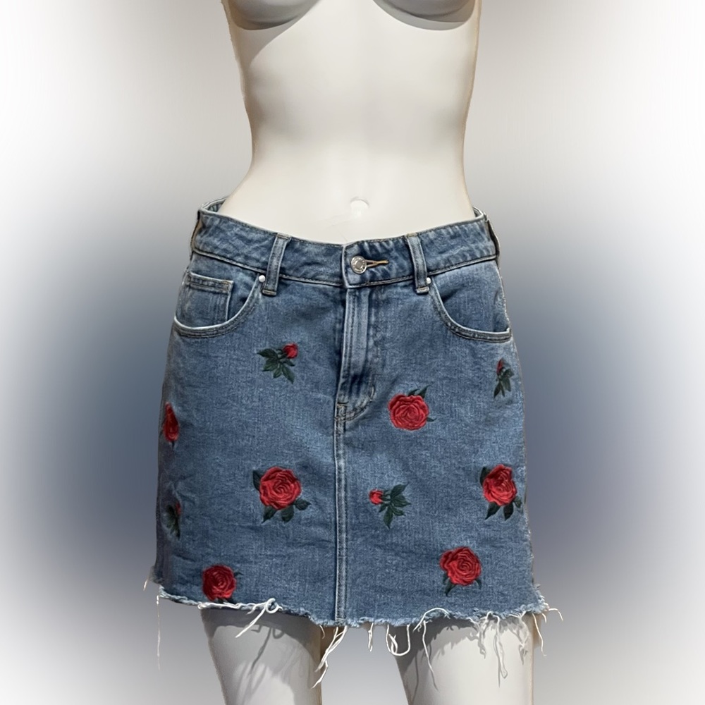 PacSun Rose Embroidered Denim Mini Skirt Size 26 Deadhead Boho Grateful Dead